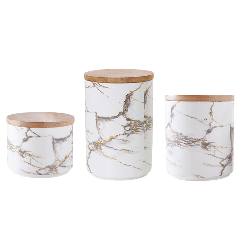 Luftdichtes Glas aus marmorierter Keramik mit Holzdeckel