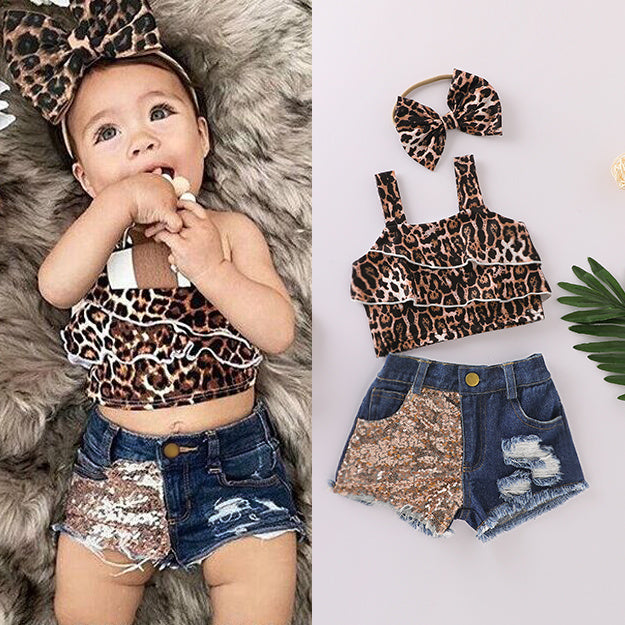 3Pcs Anzug - Mädchen Leopard Kurzarm