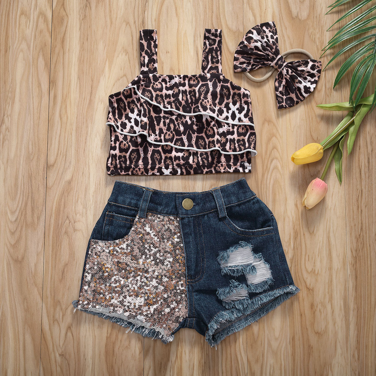 3Pcs Anzug - Mädchen Leopard Kurzarm